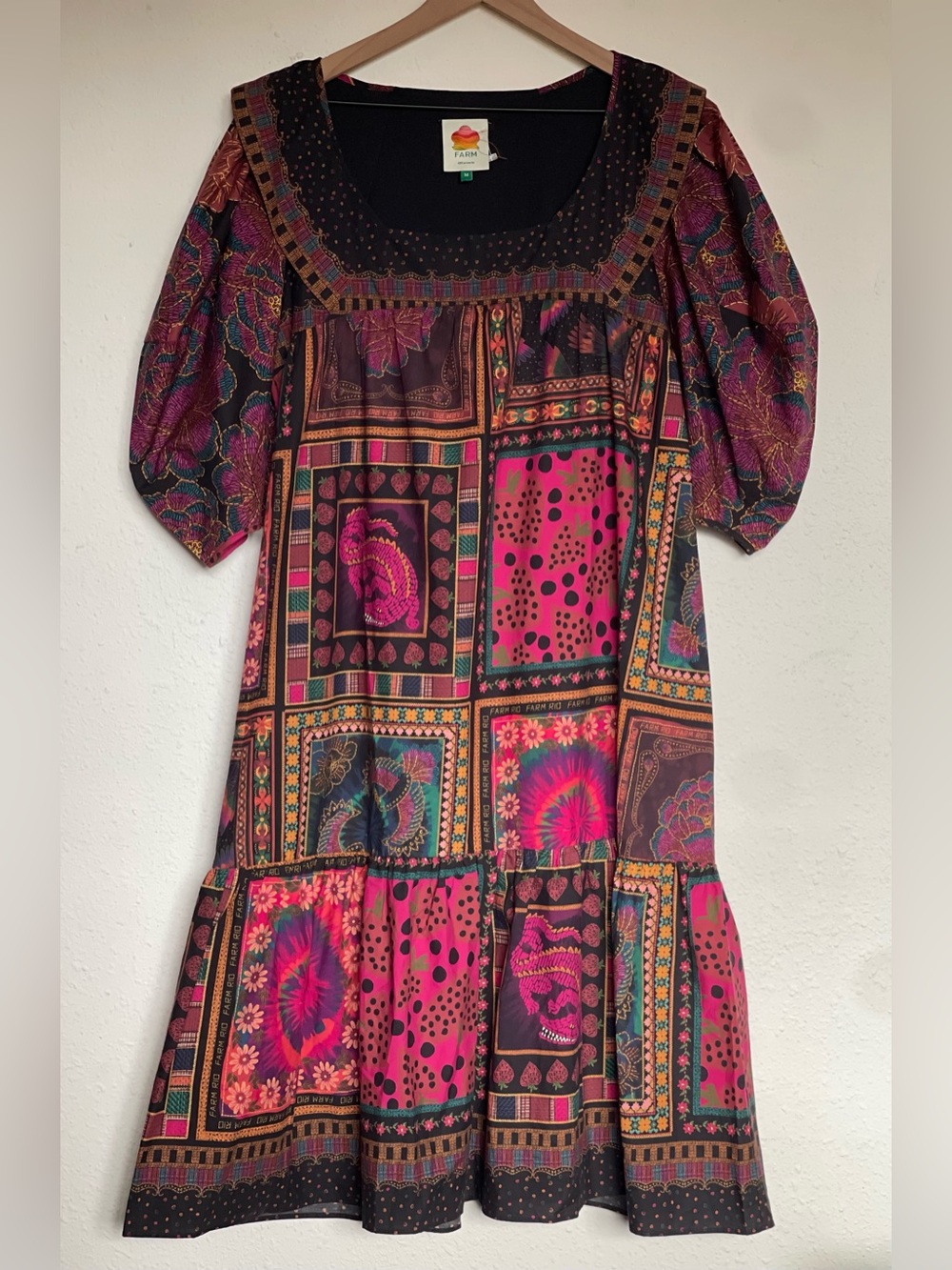 FARM RIO Mixed Scarves Frill Midi Dress Cotton Puff Sleeve Patchwork Size M